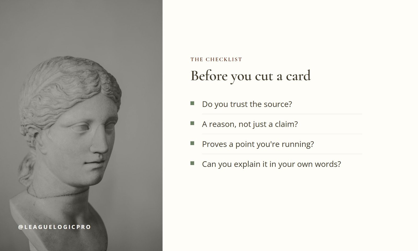 Branded checklist card with four questions to ask before cutting a debate card.
