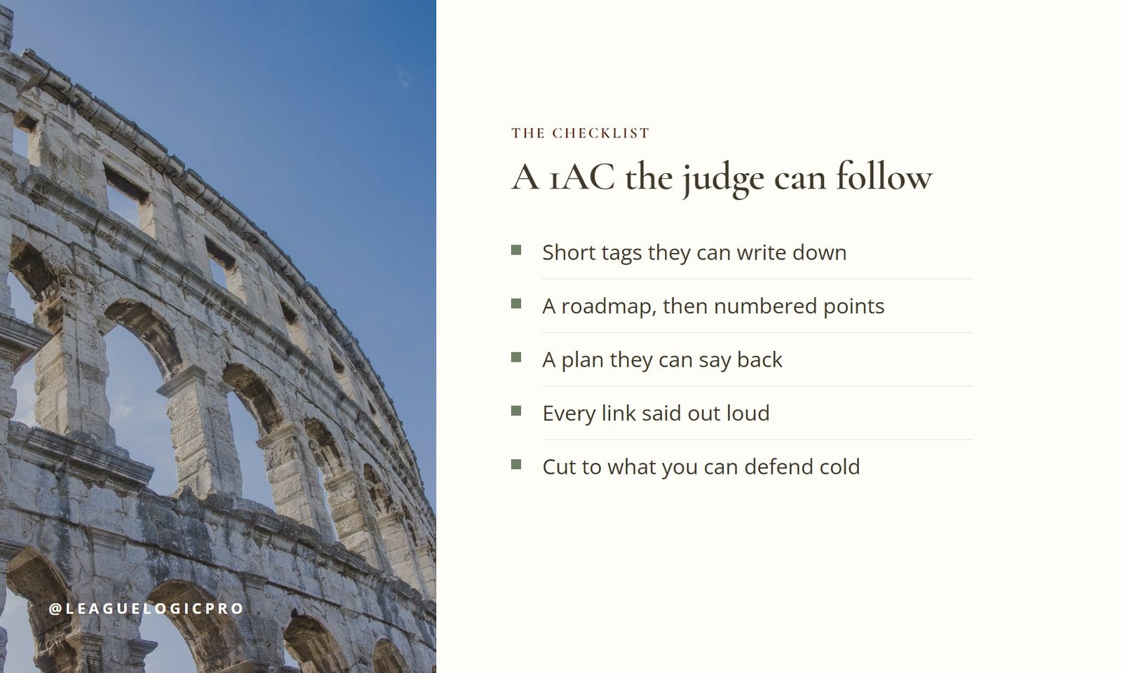 Checklist graphic titled: A 1AC the judge can follow, listing five build steps.
