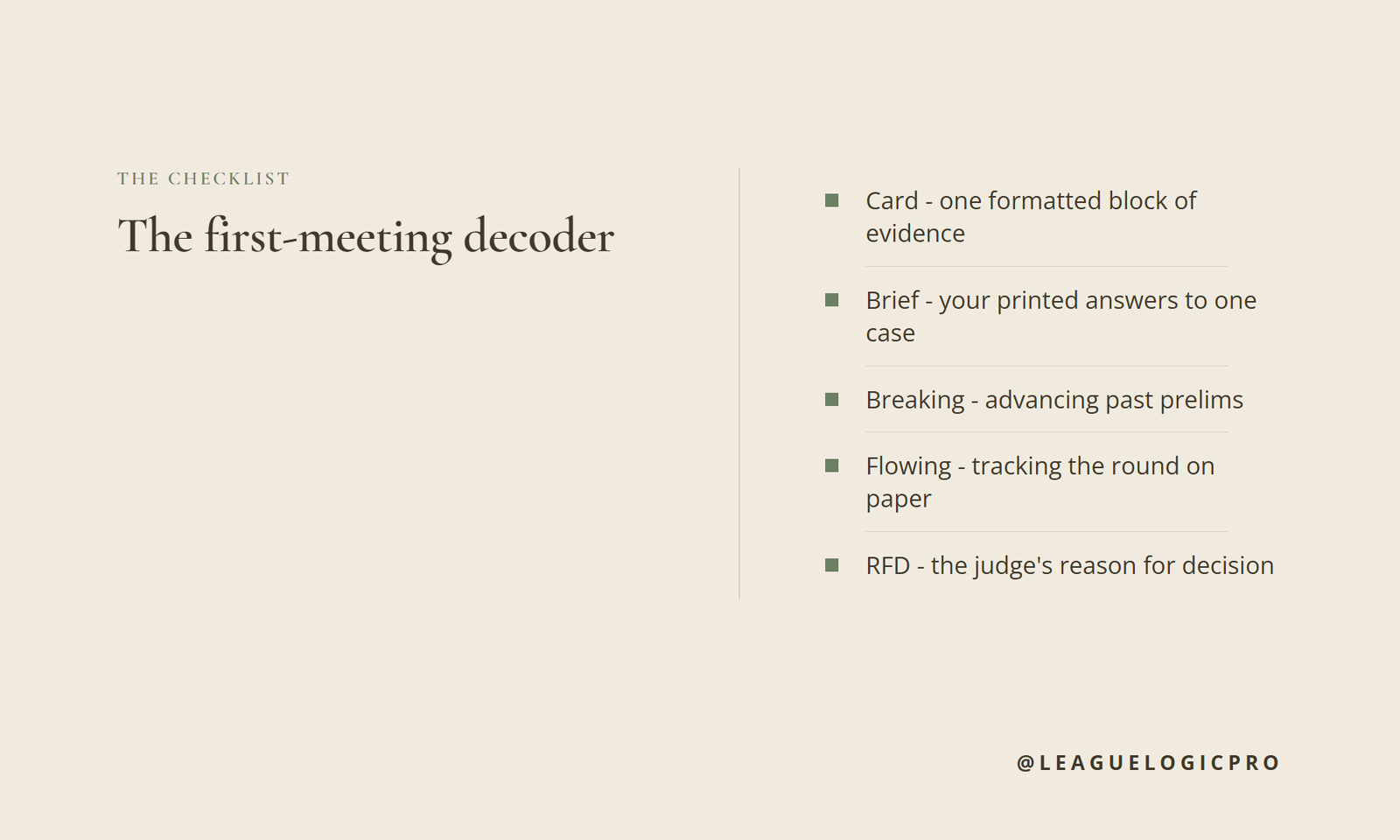 List graphic titled the first-meeting decoder defining card, brief, breaking, flowing, and RFD in one line each.