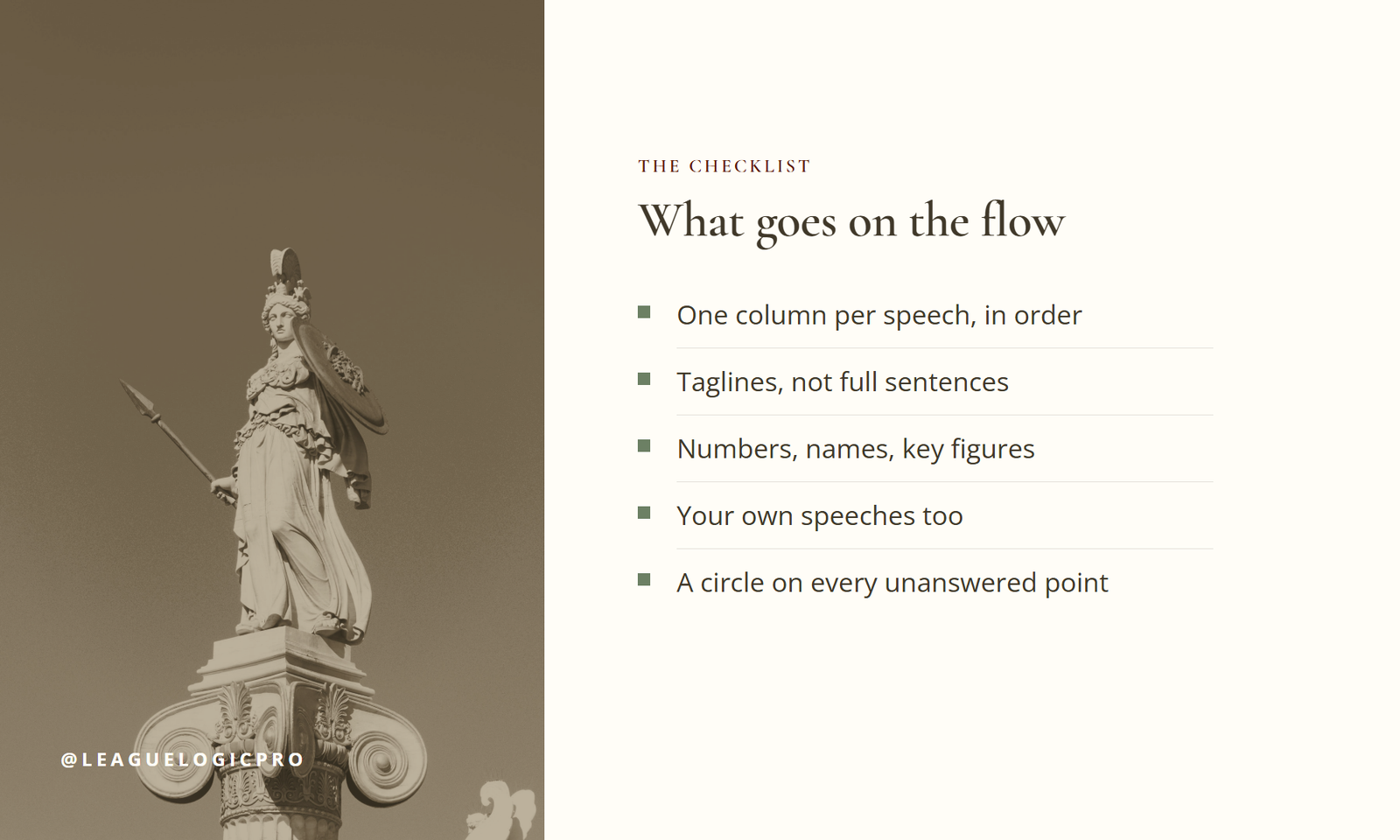 List graphic titled What goes on the flow with five rules for debate flowing.