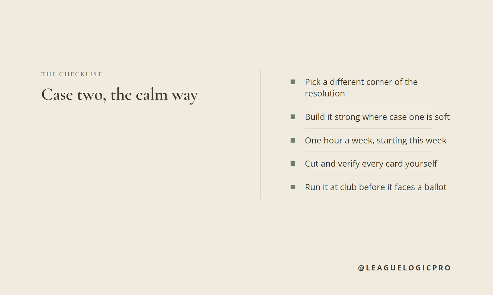 List graphic titled Case two, the calm way with five steps for building a second affirmative case.