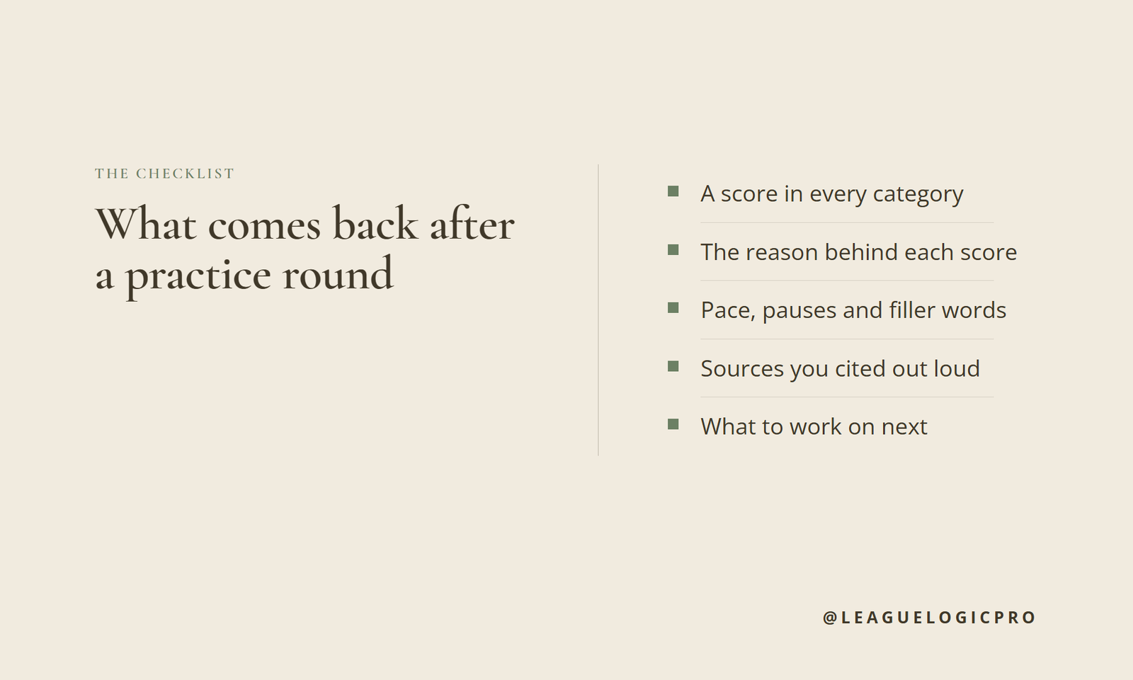 List graphic titled what comes back after a practice round with the five things a scored practice round returns.