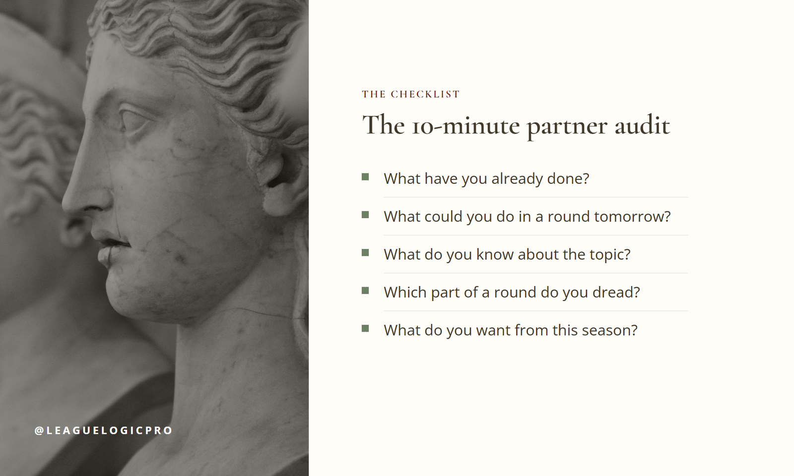 List graphic titled The 10-minute partner audit with the five questions both partners answer.