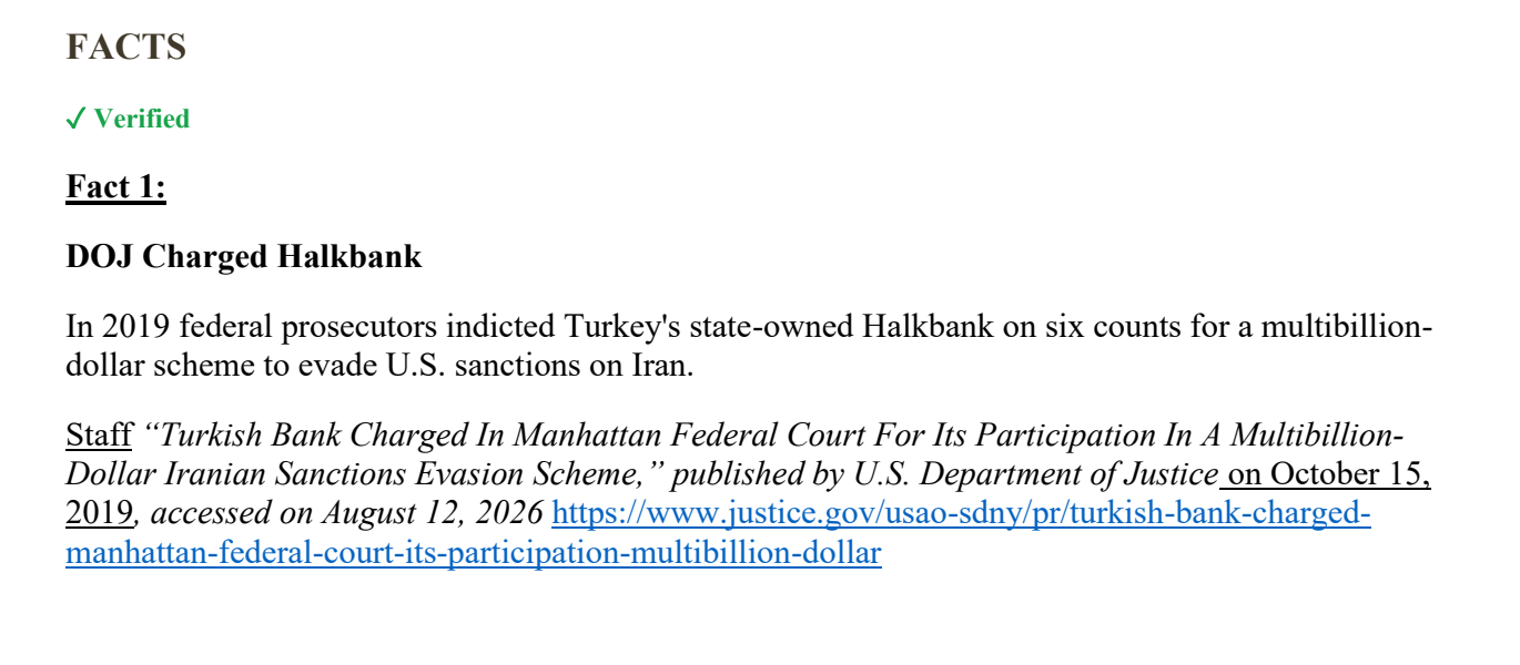 A verified evidence card from the free Turkey case: tagline, verbatim quote, full citation with link, and impact
