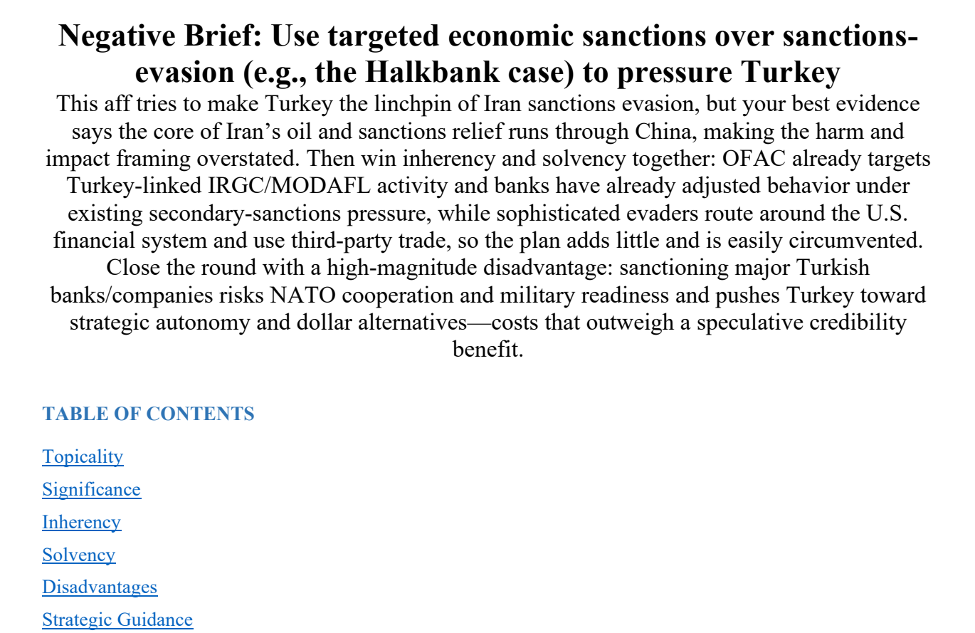 The negative brief's cover - case-specific strategy summary and hyperlinked table of contents across all five stock issues