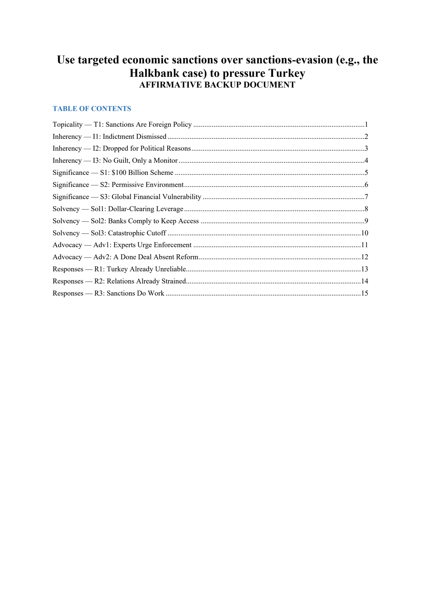 The Affirmative Backup document - title page and table of contents organized by stock issue