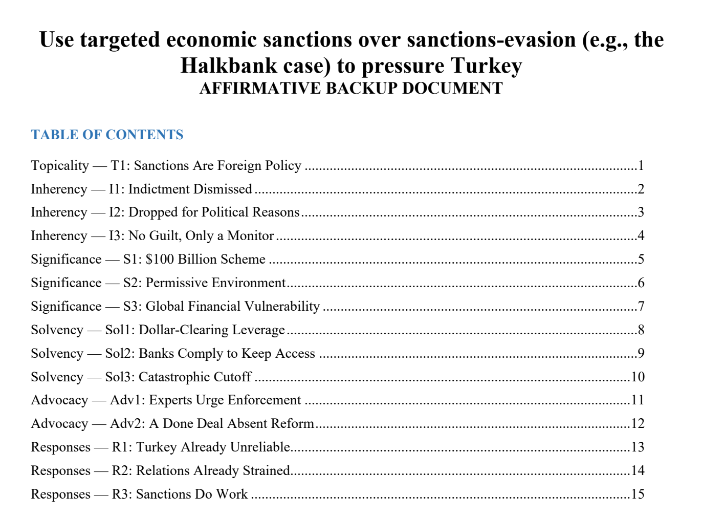 The Affirmative Backup title page and table of contents organized by stock issue