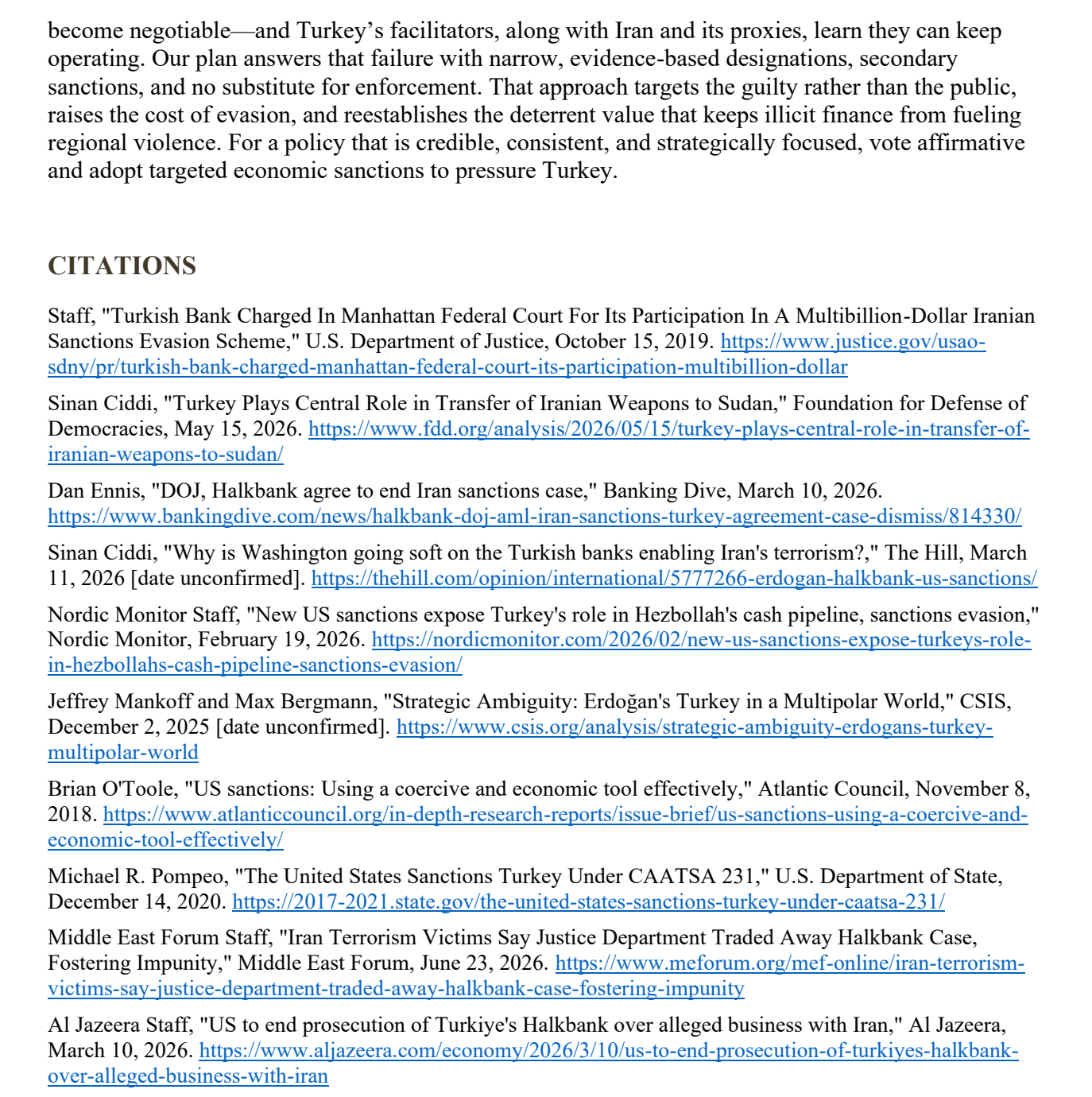 The case conclusion followed by the citations list with links