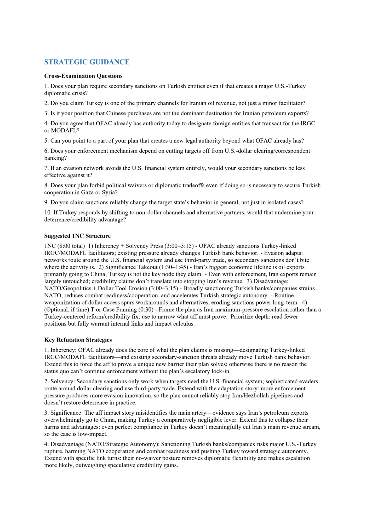 The negative brief's strategic guidance page - ten ready cross-examination questions, a timed 1NC structure, and key refutations