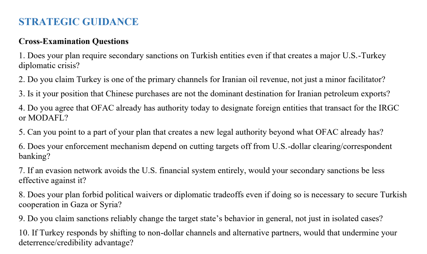 The negative brief's strategic guidance: ten ready cross-examination questions aimed at this case