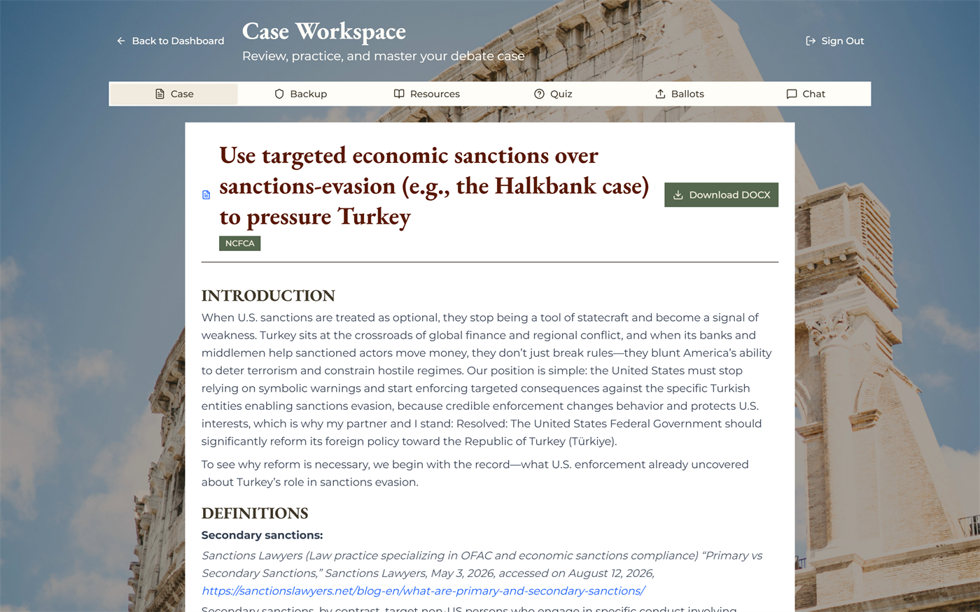 The Case Workspace showing the case introduction and definitions, with tabs for Backup, Resources, Quiz, Ballots, and Chat