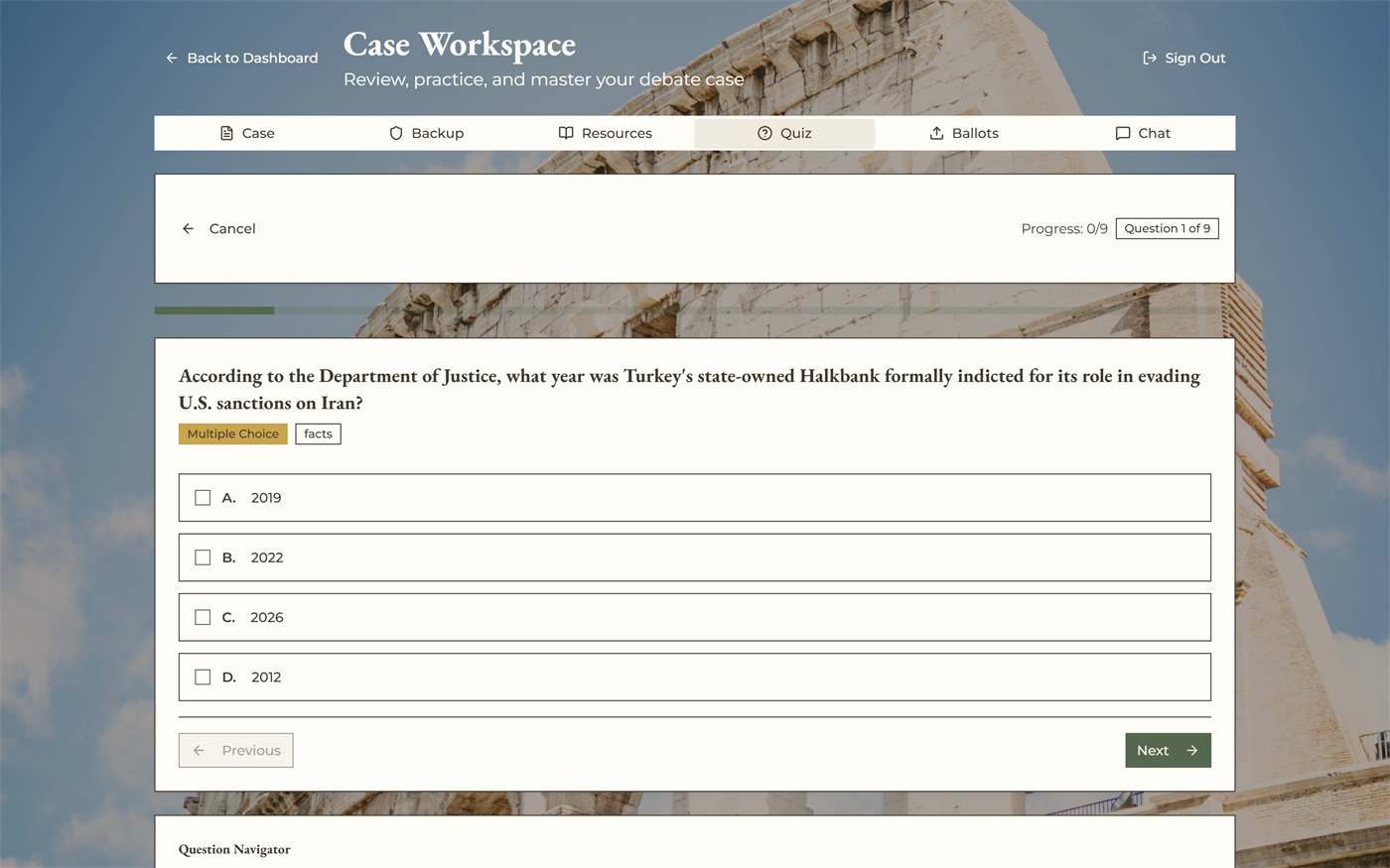 A quiz question generated from the case's own evidence, with instant feedback
